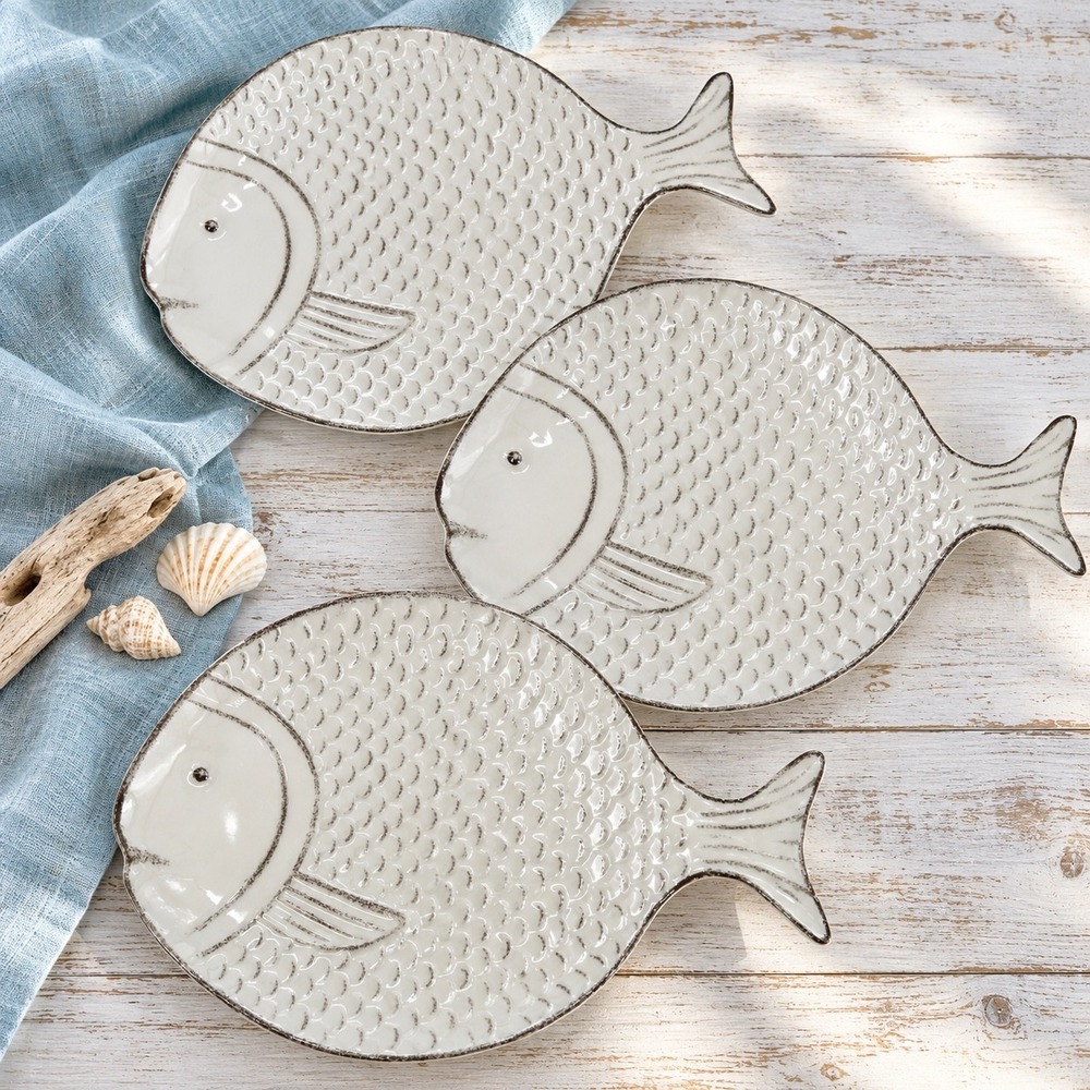Sigrid Olsen Melamine Fish Platters Set of 3 White Coastal Nautical 13.5x11 Inch